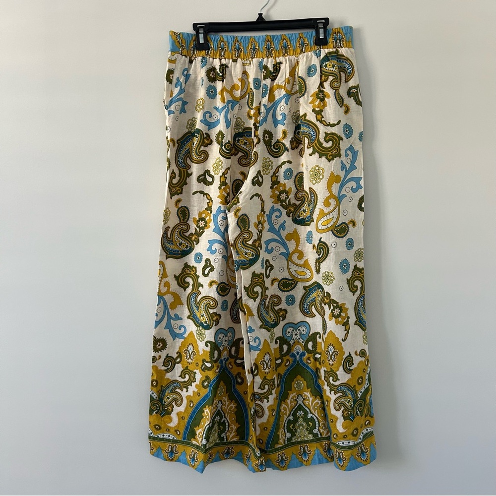 Haute Hippie High Rise Wide Leg Palazzo Boho Linen Blue Cream Pants NWOT L - Picture 2 of 9